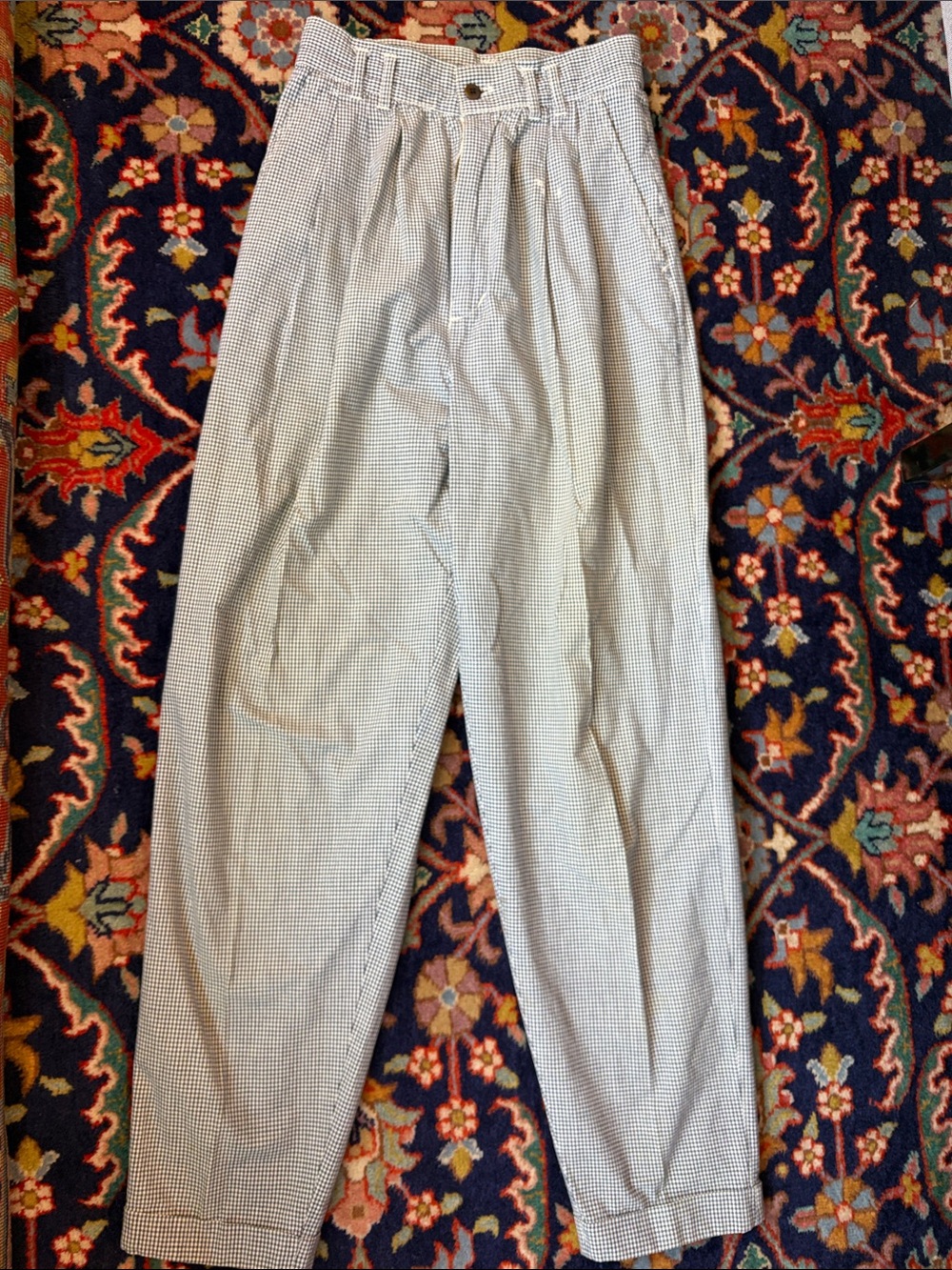 bill blass Vintage Women's Gray and White Micro-Check Pleated Trousers